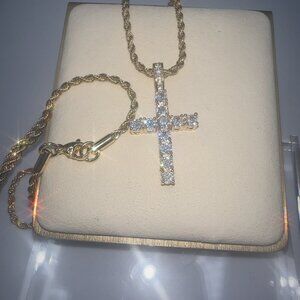 Cubic Zirconia Cross Pendant Necklace With Rope Chain Stainless Steel Gold Plate